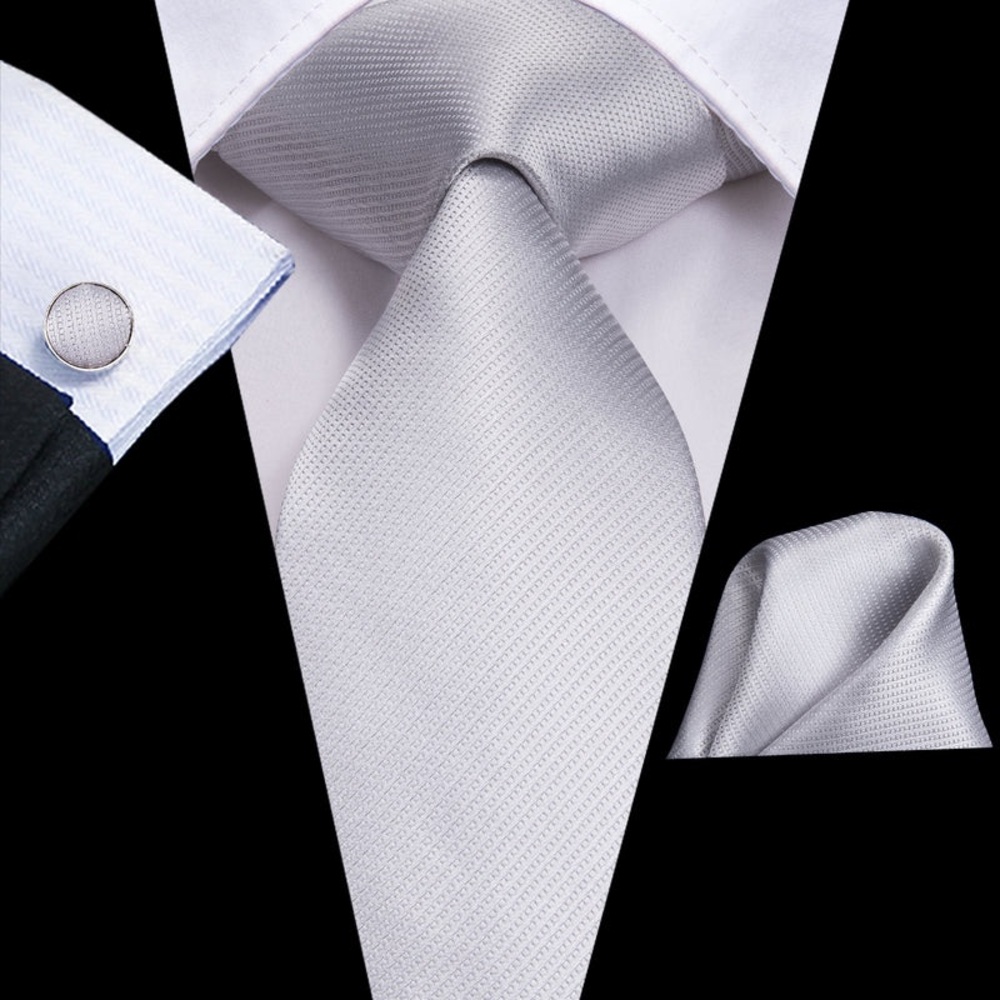 Hi-Tie Mens Grey Silver Tie Set with Pocket Square & Cufflinks
